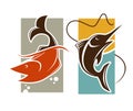 Fishing time logo template. Fish catch on rod hook vector