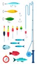 Fishing tools for the fisherman. Vector flat icons. Fishing as a hobby. Royalty Free Stock Photo