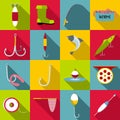 Fishing tools items icons set, flat style