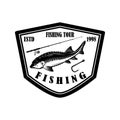 Fishing tour. Emblem template with sturgeon fish and fishing rod. Design element for logo, label, sign, poster. Royalty Free Stock Photo