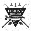 Fishing tournament vector badge shield with pike