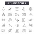 Fishing tours line icons for web and mobile design. Editable stroke signs. Fishing tours outline concept illustrations