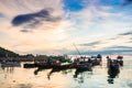 Fishing and transport boat on Koh Tao beach warm light sunset ti Royalty Free Stock Photo