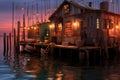 fishing trawlers cabin lights glowing against the dusk backdrop