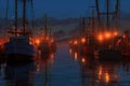 fishing trawlers navigation lights glowing in twilight