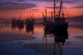 fishing trawlers reflection on rippling water at dusk