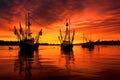 fishing trawlers silhouette against vibrant sunset sky