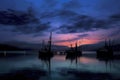 fishing trawlers silhouette framed by moonlit clouds at dusk