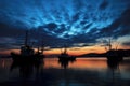 fishing trawlers silhouette framed by moonlit clouds at dusk