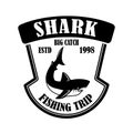Fishing trip. Emblem template with Shark. Design element for logo, label, sign, poster. Royalty Free Stock Photo