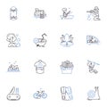 Fishing trip line icons collection. Angling, Boat, Catch, Casting, Clamming, Crabbing, Dock vector and linear