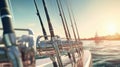 Fishing trolling boat rods in rod holder. Sea fishing rods and reels in a row Royalty Free Stock Photo