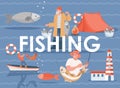 Fishing vector flat banner template with text space. Summer vacation or weekend, fishing sport poster concept. Royalty Free Stock Photo