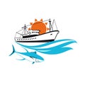 Fishing vessel logo emblem with sun, wave and tuna