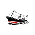 Fishing Vessel Monochrome Silhouette Vector Art Illustration. Fisherman Ship Boat Vector Royalty Free Stock Photo