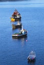 Fishing vessels anchored in a calm harbor of Portree, Isle of Skye, Scotland, UK.