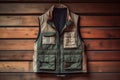 a fishing vest hanging on a rustic wooden wall