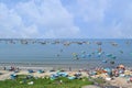 Fishing village with many basket boats in muine sea, vietnam