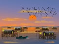Fishing village on the sea with mountain and sunset background