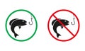 Fishing Warning Sign. Fish Silhouette Icons Set. Catch Fish in Lake and River Is Allowed. Fishing Prohibited Symbol