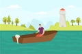 Fishing at water, vector illustration. Fisherman character sit in boat, catch fish from river nature by rod. Man person Royalty Free Stock Photo