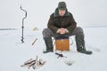 Fishing at winter. Fisherman waiting fish bite Royalty Free Stock Photo