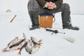 Fishing at winter. Fisherman waiting fish bite Royalty Free Stock Photo