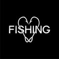 Fishing word. Fish hooks in heart shape logo isolated on dark background Royalty Free Stock Photo