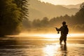 Fishman with spinning rod on lake bank at misty foggy sunrise. Generative AI