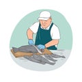 Fishmonger Cutting Fish Cartoon