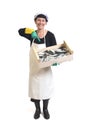 Fishmonger holding a box of sardine Royalty Free Stock Photo