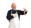 Fishmonger showing a prawns on white Royalty Free Stock Photo