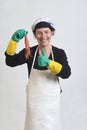 Fishmonger holding  on white background Royalty Free Stock Photo