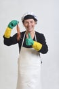 Fishmonger showing and thumbs up with a prawns on white Royalty Free Stock Photo