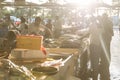 Fishmongers and seafood sellers in semi-outdoor, open air seafood market near Palm Deira metro station in Dubai