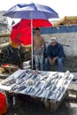 Fishmongers at work at the busy fishing port of Essaouira in Morocco. Royalty Free Stock Photo