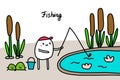 Fishsing hand drawn vector illustration. Cartoon men catching animals in the pool