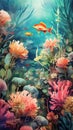 fishy deep sea watercolour poster of underwater plants
