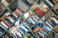 Library bookshelf full of books, Fiskardo, Greece