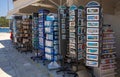 FISKARDO, Kefalonia island, GREECE-JULY, 2020: A rack of colourful postcards outside of a tourist souvenir shop.