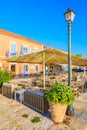 FISKARDO PORT, KEFALONIA ISLAND, GREECE - SEP 18, 2014: traditional greek houses in port of Fiskardo village. This town is most Royalty Free Stock Photo