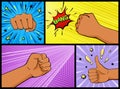 Fist beats, clenched fist and thumb gesture. Pop art retro comic style. Vector