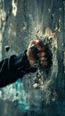 Fist breaking through a wall, dynamic action shot, debris flying, high contrast, professional color grading,soft shadowns, no Royalty Free Stock Photo