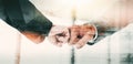 Fist bump collide agreement of two businesspeople, show strength teamwork