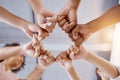 Fist bump, team building and business people in a meeting with mission, our vision and growth mindset in a circle. Below Royalty Free Stock Photo
