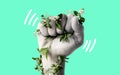 Fist, climate change and protest for support with leaves, ecology art or sustainability by green background. Hand
