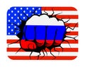 Fist with the color of the Russian flag on the background of the us flag