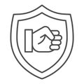 Fist emblem thin line icon, self defense concept, clenched hand sign on white background, power badge icon in outline