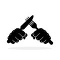 Fist with fork and knife. Hands holding cutlery. Hand with cutlery Royalty Free Stock Photo