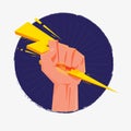 Fist hand holding thunderbolt. Zeus and power concept - Royalty Free Stock Photo